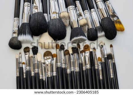  Makeup brushes lie in two rows. Large set of makeup brushes. A collection of makeup brushes. White background.  Royalty-Free Stock Photo #2306405185