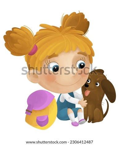 cartoon scene with girl and her dog playing having fun isolated illustration for kids