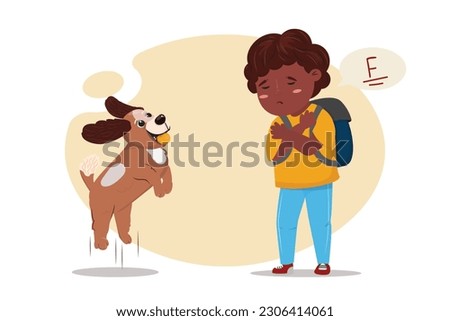 Flat cartoon illustration with a sad school boy and dog trying to cheer him up. 