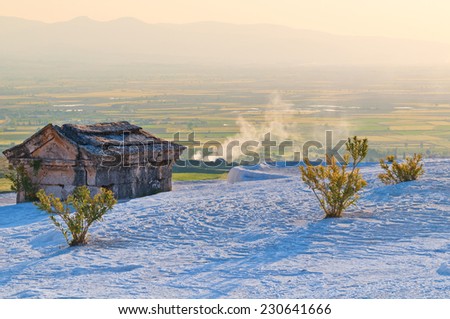 View from the top terraces in Pamukkale at sunrise.