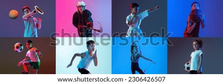 Collage of different little sportsmen in action and motion doing different activities tennis, martial arts, gymnastics, hockey on multicolored background in neon. Banner for ad. Sport for kids concept