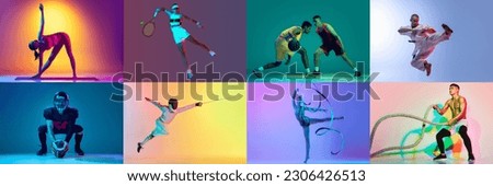 Dynamic portraits of men and women doing different kinds of sport in motion martial arts, basketball, american football, yoga over multicolor neon background. Banner. Concept of active lifestyle Royalty-Free Stock Photo #2306426513