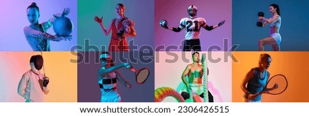 Collage image with emotions of athletes while training tennis, american football, gymnastics, fencing over multicolor neon background. Banner. Concept of active lifestyle, leadership, achievement, ad