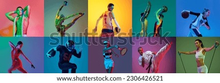Collage with professional sport people, men and women training fencing, tennis, basketball, gymnastics, martial arts, fitness on multicolor neon background. Active lifestyle, competition, ad concept Royalty-Free Stock Photo #2306426521