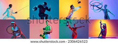 Collage with group of young people men and women doing different kinds of sport fencing, tennis, skating, volleyball, gymnastics, over multicolor background in neon light. Concept of active lifestyle