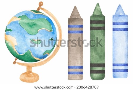 watercolor school globe and pencils clip art, earth illustration. School supplies clipart. 