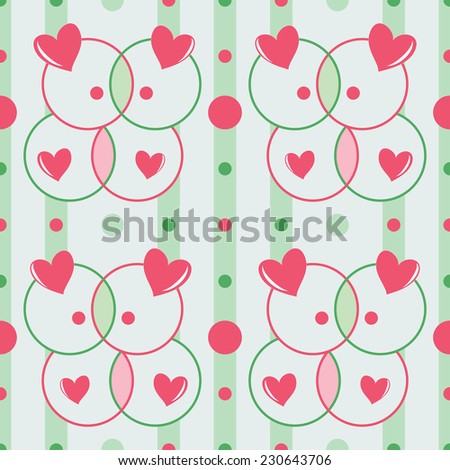 Seamless romantic pattern. Overlapping circles with hearts. Green and bright pink colors
