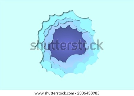 light beautiful sky round frame papercut style. cut out 3D website template with blue and violet gradient cloudy landscap papercut art.  Royalty-Free Stock Photo #2306438985