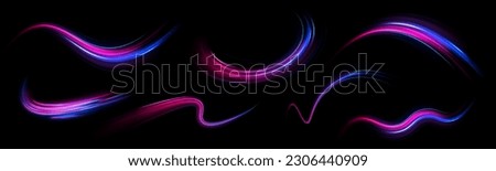 Dynamic translucent soft gradient stream motion. Violet neon color wave. Blue glowing shiny lines effect vector background. Light trail wave, fire path trace line and incandescence curve twirl. Royalty-Free Stock Photo #2306440909