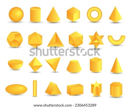 Vector realistic 3D yellow geometric shapes isolated on white background. Maths geometrical figure form, realistic shapes model. Platon solid. Geometric shapes icons for education, business, design Royalty-Free Stock Photo #2306453289
