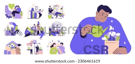 Corporate Social Responsibility, CSR set. Business' responsibility for impact on environment, ethical corporate practices and reduce production carbon footprint. Flat vector illustration Royalty-Free Stock Photo #2306461619
