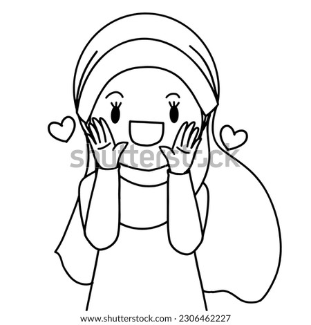 doodle of hijab girl smiling with hearts , hand drawing muslim girl is happy