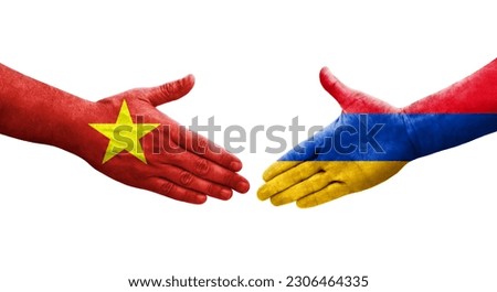 Handshake between Armenia and Vietnam flags painted on hands, isolated transparent image.