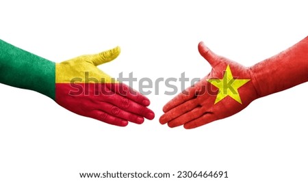 Handshake between Benin and Vietnam flags painted on hands, isolated transparent image.