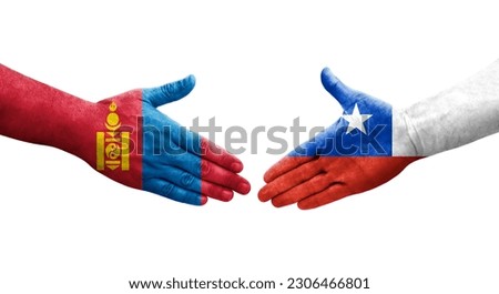 Handshake between Chile and Mongolia flags painted on hands, isolated transparent image.