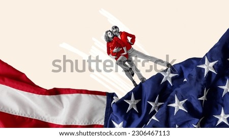 Contemporary art collage with charming couple of dancers, man and woman celebrating Independence day over national USA flag background. American culture, national holiday, 4th of july, ad concept