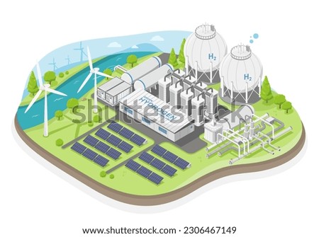 Green hydrogen power plant concept with solar cell and wind turbine energy for h2 ecology powerhouse electricity in nature isometric isolated cartoon vector  Royalty-Free Stock Photo #2306467149