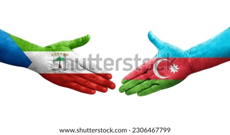 Handshake between Azerbaijan and Equatorial Guinea flags painted on hands, isolated transparent image.