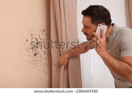 Mold removal service. Man talking on phone and looking at affected wall in room Royalty-Free Stock Photo #2306469185