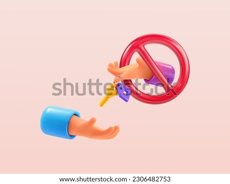 Isolated 3d cartoon vector hands holding door key. Crime, unfair, scammer real estate agent give keys to buyer vector illustration. Fake, fraud loan, mortgage or property template. Apartment rent web  Royalty-Free Stock Photo #2306482753