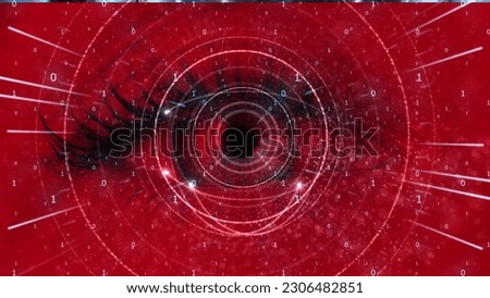 Against the background of a female eye there is a symbolic movement of electrons on the pallet roads of a microchip and a binary system in the center of which an atom moves. All footage in red. Cg. Ai