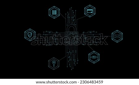 Lock in the center of the microchip. Visualization of the transfer of information on a black background. The icons contain information protection symbols. Cg.