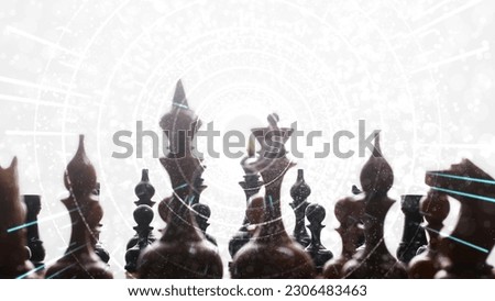 Chess pieces on the board on a white background move into the distance. Circles emanate from the center of the frame and light stripes move towards the center. Visualization of ai. Cg.