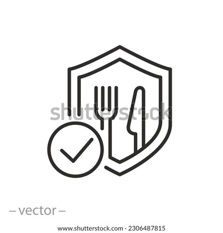 food safety icon, shield with fork and knife, ecological pure product,   thin line symbol - editable stroke vector illustration Royalty-Free Stock Photo #2306487815