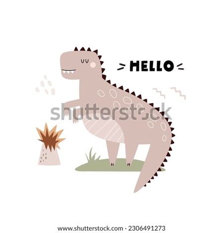 Funny illustration with dinosaur in a simple hand drawn style. Cute design for kids prints, frame arts, decorations.