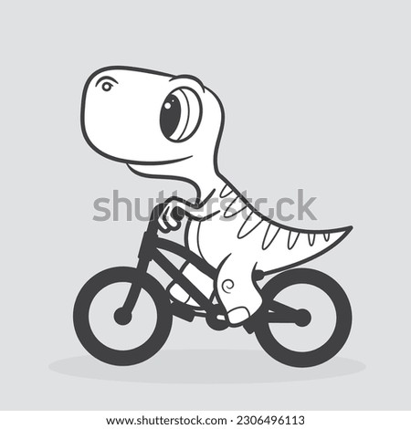 Vector black and white cartoon funny image of a dinosaur on a bike. Isolated on white background