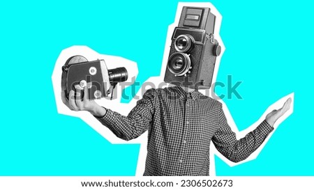 Collage 3d image of pinup pop retro sketch of funny guy old camera instead of head showing shot gesture isolated painting background Royalty-Free Stock Photo #2306502673