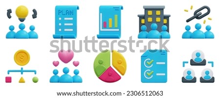 Business Model 3d vector icon set. Brainstorm, business plan, business report, company, cost structure, customer relationships, customer segment, key activities, key partners, organization chart. Royalty-Free Stock Photo #2306512063