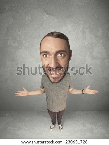 Funny person with big head on gray background