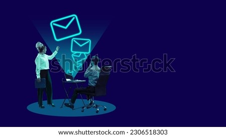 Colleagues, man and woman checking mails, looking at giant neon colored icons with letters. Online communication. Creative conceptual design. Concept of business, office, modern technologies, network