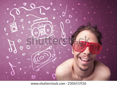 Happy funny guy with shades and hand drawn media icons concept on background