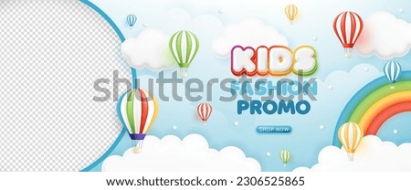 3d Kid fashion sale horizontal banner template. special discount promotion sale offer with rainbow balloon background for baby clothes toy shop, store, advertisement, flyer, web and social media post