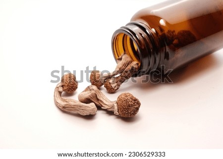 Dried psilocybin mushrooms Psilocybe cubensis Golden Teacher spilled from a storage jar onto a white surface. The concept of medical microdosing. Isolated Royalty-Free Stock Photo #2306529333