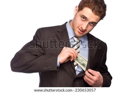 Lucky man putting money in his bosom isolated on white background