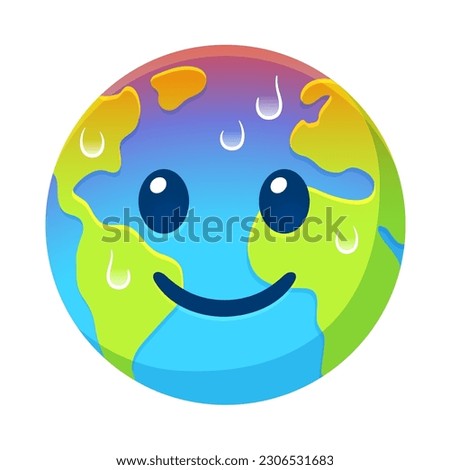 Cartoon Earth with smiling face, red hot and sweating. Global warming and climate crisis vector clip art illustration.