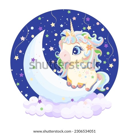 Cartoon style drawing of cute baby unicorn on the moon in clouds on blue background and stars. Template design greeting card, poster, cover, sticker. Baby shower, birthday. Vector illustration