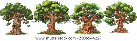 Oak tree set in isolated white background, Oak tree clip art collection.