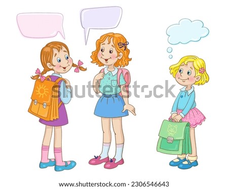 Three cute girlfriends with big school bags stand and talk. Picture in cartoon style with speech bubbles. Place for your text. Isolated on white background. Vector illustration Royalty-Free Stock Photo #2306546643