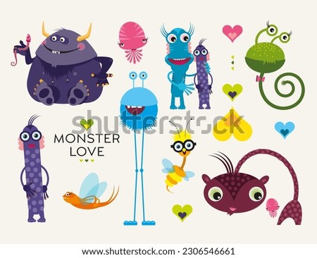 Monster friends, bundle of cute vector cliparts, colorful illustrations, cartoon set of funny comic creatures, alien furry animals, for home decorations, packaging, greeting cards, party invitations