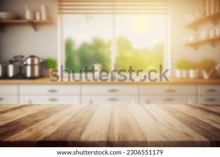 Beautiful empty brown wooden table top and blurred defocused modern kitchen interior background with day light flare, product montage display Royalty-Free Stock Photo #2306551179
