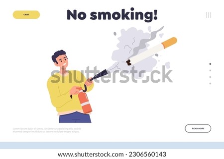 No smoking concept for landing page with young man putting out cigarette with fire extinguisher