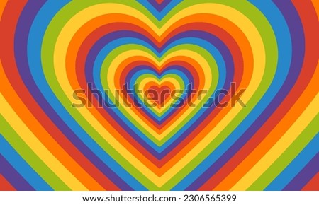Pride rainbow colored heart shaped tunnel. Retro background in groovy psychedelic style. Clipping mask vector.