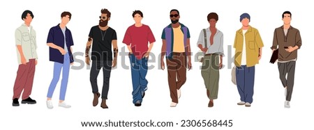 Street fashion men vector illustration. Different men wearing trendy modern street style summer outfit standing and walking. Cartoon style vector realistic illustration isolated on white background