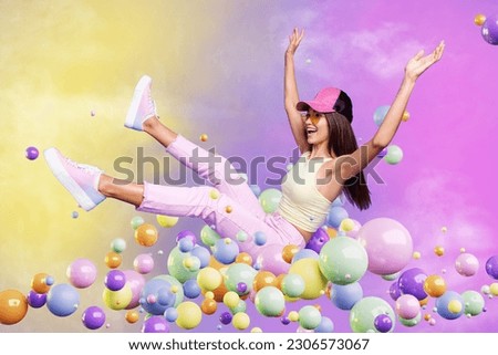 Colorful poster banner collage of crazy excited young lady complete cyber space reality game challenge ride don on meta balls