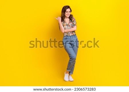 Full length photo of lady posing model pointing empty space fashion object product ads isolated bright color background