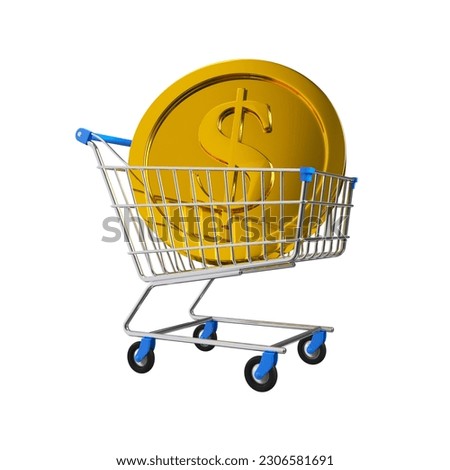 Silver shopping cart with golden coin. The concept of a sale with a metal dollar sign and trolley isolated. 3d rendering.